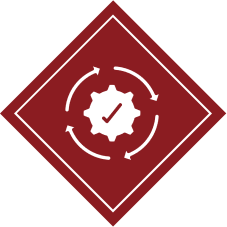 Gear with circular arrows and checkmark on red background.