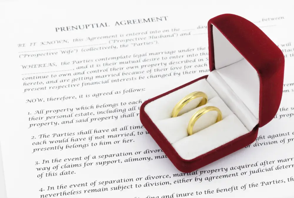 Prenuptial agreement document with wedding rings.